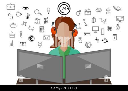 Software engineer isolated on white. Computer programmer, analyst, manager, businesswoman, marketer  at work. Website services developer. Stock vector Stock Vector