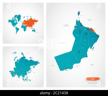 Editable template of map of Oman with marks. Oman on world map and on Asia map. Stock Vector