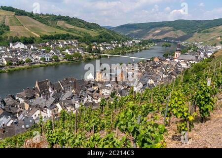 Weinberge, die Mosel und der Ort Zell, Rheinland-Pfalz, Deutschland  | Vineyard,  Moselle river and the town Zell, Rhineland-Palatinate, Germany Stock Photo