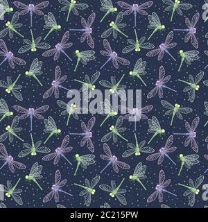 Seamless pattern with colored dragonflies animal insect world flat vector illustration on blue background Stock Vector
