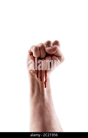 Raised hand showing fist with blood isolated on white background