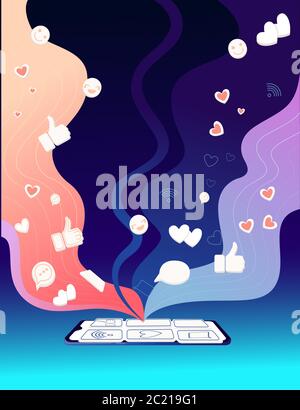 Black smartphone with abstract color wave and hearts likes thumbs up social media platform flat vector illustration on blue gradient background Stock Vector