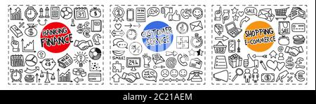 Finance and Banking, Customer Service and Shopping and e-Commerce doodle icons set Stock Vector
