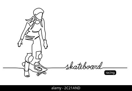 Skateboard vector background, web banner, poster. One continuous line drawing of skater with lettering skateboard. Girl outline illustration Stock Vector