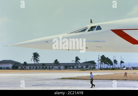 A Concorde supersonic aircraft at Grantley Adams International Airport after flying Queen Elizabeth II to Barbados on a royal tour, Caribbean, 1989 Stock Photo