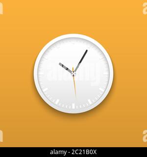 Realistic white wall office clock on yellow background, vector illustration Stock Vector