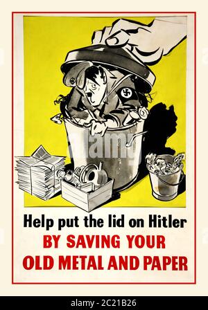 Vintage World War II British propaganda recycling paper metal etc for war effort poster WW2, 'Help put the lid on Hitler by saving your old metal and paper'  Adolf Hitler cartoon featured in dustbin 1939-1945 Second World War Stock Photo