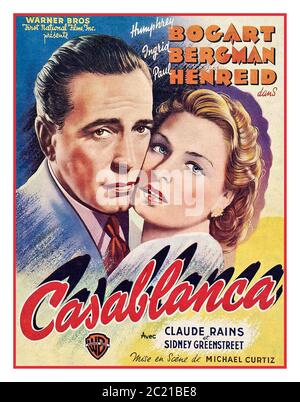 CASABLANCA 1940's Vintage Film Movie Poster Casablanca a 1942 American romantic drama film directed by Michael Curtiz. The film stars Humphrey Bogart, Ingrid Bergman, and Paul Henreid; it also features Claude Rains, Conrad Veidt, Sydney Greenstreet, Peter Lorre, and Dooley Wilson. Set during  World War II, it focuses on an American expatriate who must choose between his love for a woman and helping her and her husband, a Czech Resistance leader, escape from the Vichy-controlled city of Casablanca to continue his fight against the Nazis Stock Photo