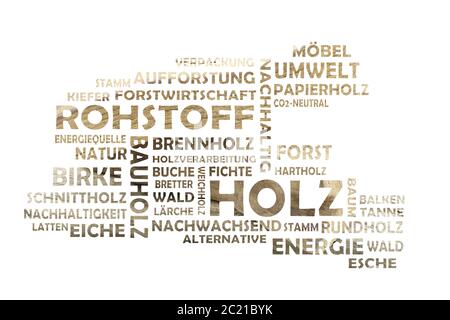 Word cloud cut out of relevant german keywords to the main word wood Stock Photo