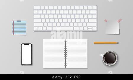 Top view of modern workplace, keyboard coffee paper note pencil on the white background and copy space for text, business concept, vector illustration Stock Vector