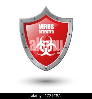 Virus detected on red shield isolated on white background, vector illustration Stock Vector