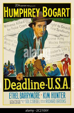 Vintage Humphrey Bogart 1950's movie film motion picture Deadline USA (20th Century Fox,1952) With his newspaper about to be sold, crusading editor Ed Hutcheson (Humphrey Bogart) tries to complete an exposé on gangster Rienzi. Starring Humphrey Bogart, Ethel Barrymore, Kim Hunter, Ed Begley, Warren Stevens, Paul Stewart, Martin Gabel, Joseph deSantis , Joyce MacKenzie, Audrey Christie, Fay Baker, Jim Backus, Produced by Sol C, Siegel,  Directed by Richard Brooks, Stock Photo