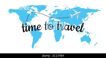 Time to travel on blue world map with realistic airplane, vector illustration Stock Vector
