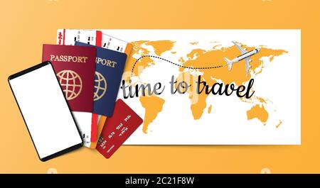 Travel concept background, passport, boarding pass, credit cart and smartphone on blue world map with realistic airplane, vector illustration Stock Vector