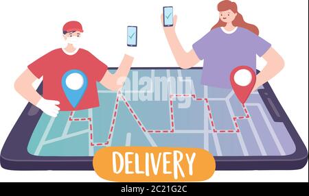 covid-19 coronavirus pandemic, delivery service, delivery man and customer with smartphone order tracking in map vector illustration Stock Vector