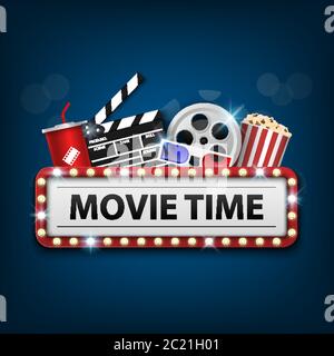 Cinema background concept, movie theater object on blue background and movie time with electric bulbs frame, vector illustration Stock Vector