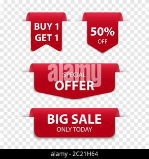 3D red bookmark tag sale isolated on transparent background, vector illustration Stock Vector