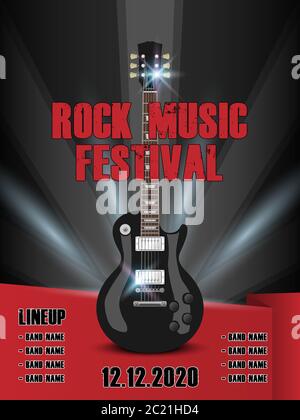 Rock music festival flyer poster design template, black guitar on dark  background, vector illustration Stock Vector