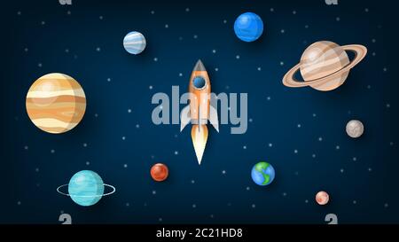 Rocket flying into ther universe with solar system planets, vector illustration