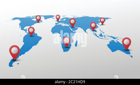 Blue world map with red pin pointer, vector illustration Stock Vector