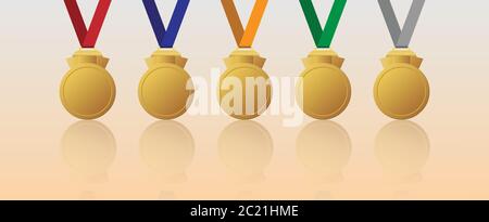 Set of blank gold medal with multicolour ribbons, vector illustration Stock Vector