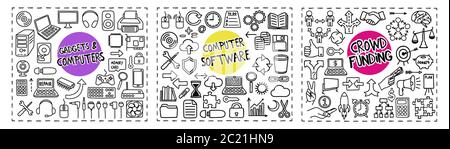 Gadgets and Computers, Computer Software and Crowd Funding doodle icons set Stock Vector