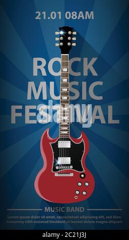 Rock music festival flyer poster design template, red guitar on dark blue background, vector illustration Stock Vector