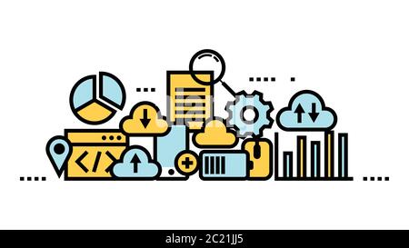 Flat line icon art style concept, Cloud computing, data storage, web services. vector illustration Stock Vector