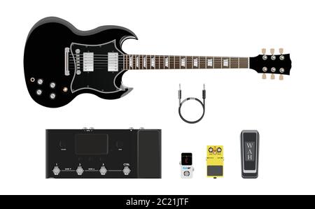 Music instruments icon, guitar, amplifier, pick and effect pedal, realistic vector illustration Stock Vector