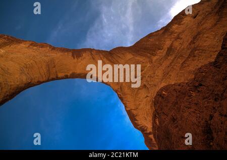 bottom up view Abstract Rock formation at plateau Ennedi aka Aloba arch in Chad Stock Photo