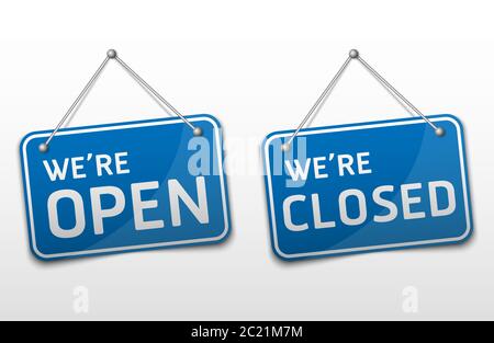 Open and closed blue sign with shadow isolated on white background, vector illustration Stock Vector