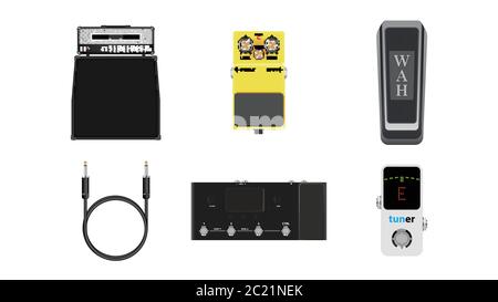 Music instruments icon, amplifier, signal cable jack,  pick and effect pedal, realistic vector illustration Stock Vector