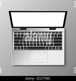Realistic modern laptop computer on top view isolated on white background, vector illustration Stock Vector