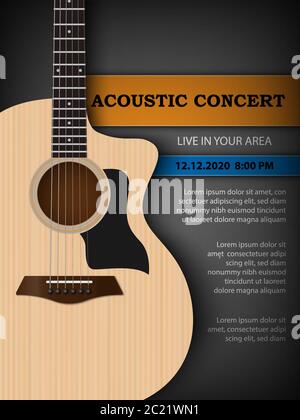 Acoustic music festival concert flyer poster design template, acoustic guitar on dark background, vector illustration Stock Vector