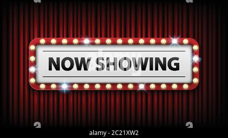 Now showing with electric bulbs frame on red curtain background, vector illustration Stock Vector