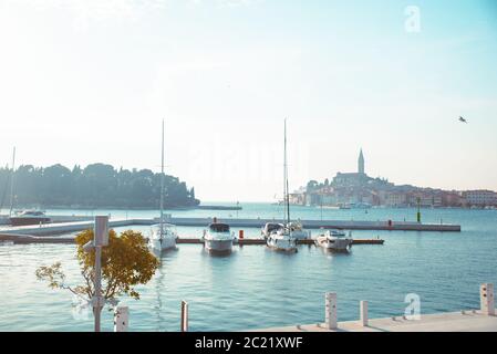 view of luxury yachts in dock. Rovinj city on background Stock Photo