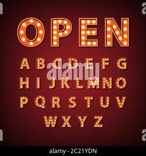 Vintage marquee bulb English alphabet sign, vector illustration Stock Vector