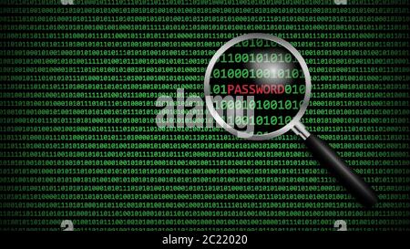 Password under magnifying glass with digital computer code, cyber technology security, network protection background design, vector illustration Stock Vector