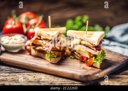 Chicken and cheese sandwich with red cabbage, peppers and salad in rustic wooden environment Stock Photo