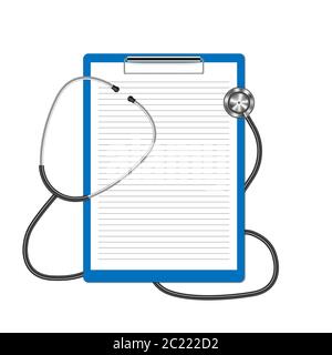 Realistic stethoscope and clipboard isolated on white background, medical concept, vector illustration Stock Vector