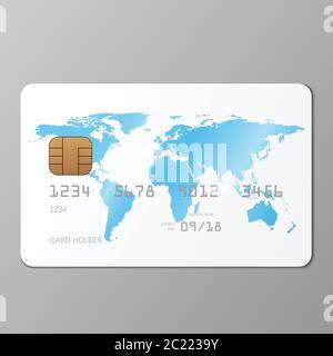 Realistic white credit card mockup template with world map, vector illustration Stock Vector