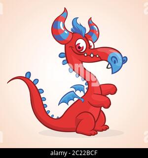 Cute small cartoon red dragon. Vector illustration of dragon character mascot Stock Vector