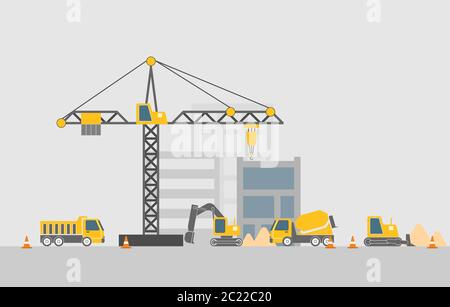 Construction site with construction machines, flat design, vector illustration Stock Vector
