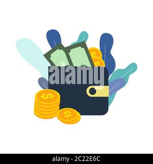 Wallet with money in flat style. Cash back concept. Isolated illustration Stock Vector