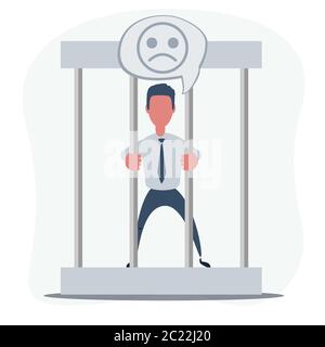 Young businessman behind the bars in prison. Man holding bars isolated on white. Stock Vector