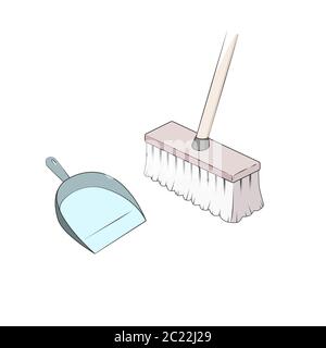 Broom and dustpan vector. sweeping floor. Cleaning dirt and dust. Simple cartoon style. isolated illustration. Stock Vector