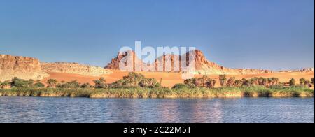 Panoramic view to Boukkou lake group of Ounianga Serir lakes at the Ennedi, Chad Stock Photo