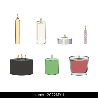 Candle simple illustrated set. Vector candles: long stick, jar, pillar candle, container candle, tealight, multi wick, party candle. Isolated graphic Stock Vector