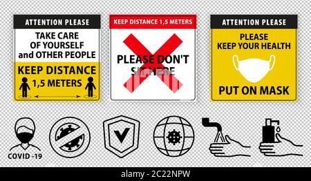 Warning sign. Keep distance 1,5 meter between people Attention please. Do not sit here. Warning sign about quarantine on transparent background. Stock Vector