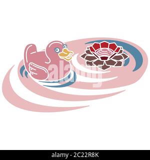 Rubber duck swimming in a pond with a lotus flower on rippled water Stock Vector